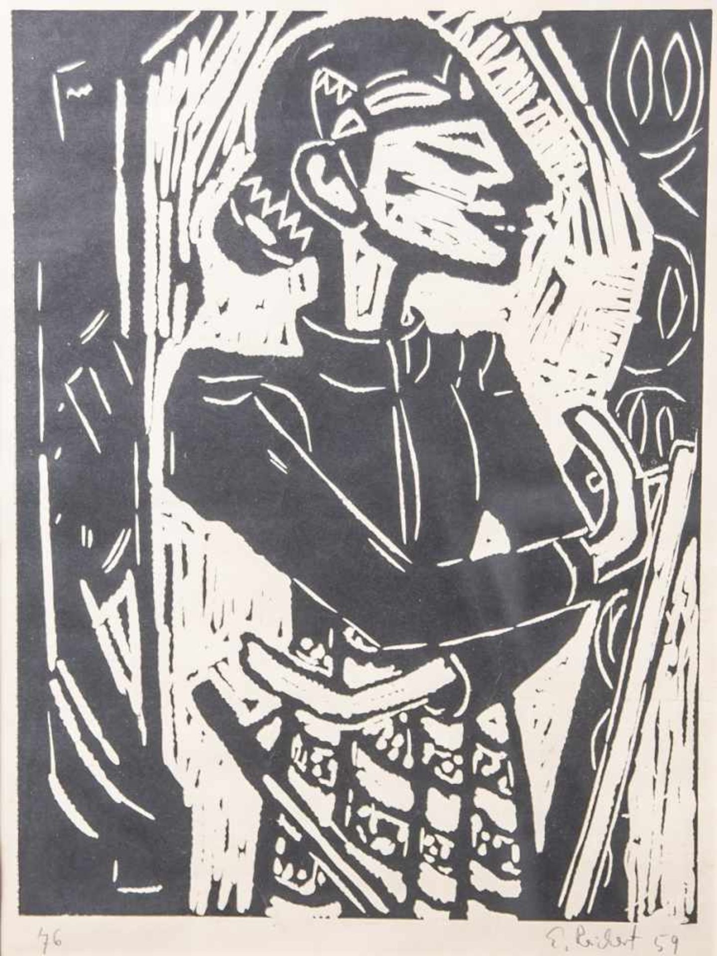 Reichert, E. (20. Jahrhundert), Frau mit Stehkragenbluse, Rock und Dutt, Linolschnitt, re.u. sign.