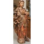 Große Figur einer Heiligen, wohl Spanien 16/17. Jahrh., Holz vollplastisch geschnitzt, mitorig.