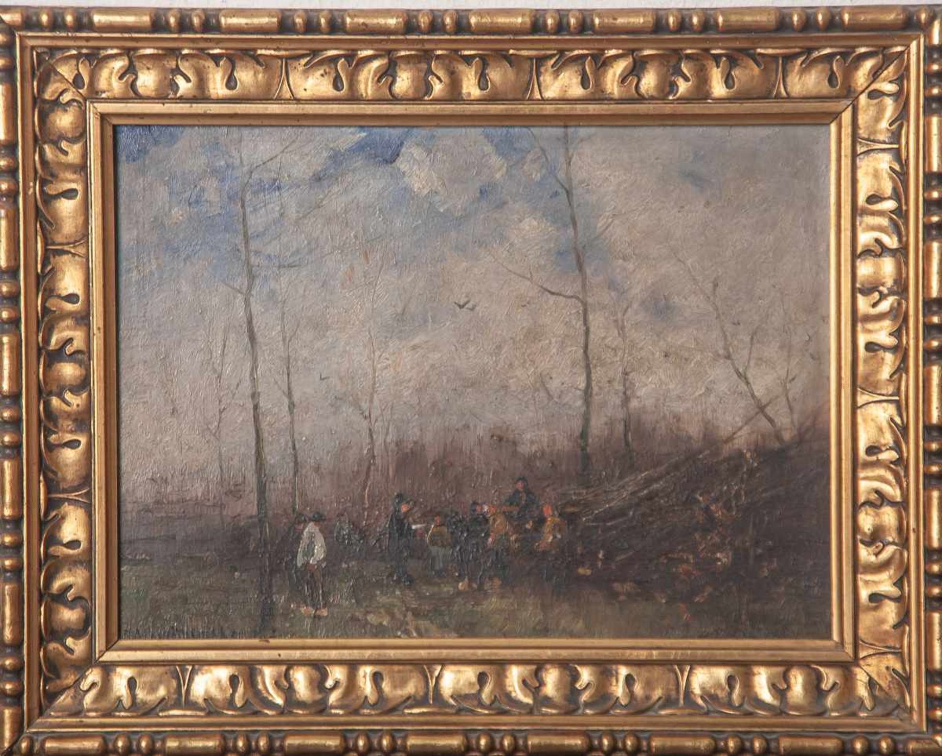 Unbekannter Künstler (wohl 20. Jahrhundert), Waldarbeiter vor gehauenen Bäumen gruppiert,Öl/
