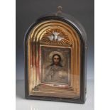 Russische Ikone (wohl Wien im 19. Jahrhundert), Darstellung Jesus Christus Pantokrator, imOklad
