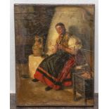 Müller, Leopold Carl (1834-1892), junges Mädchen vor einem gemauerten Ofen auf einer Banksitzend,