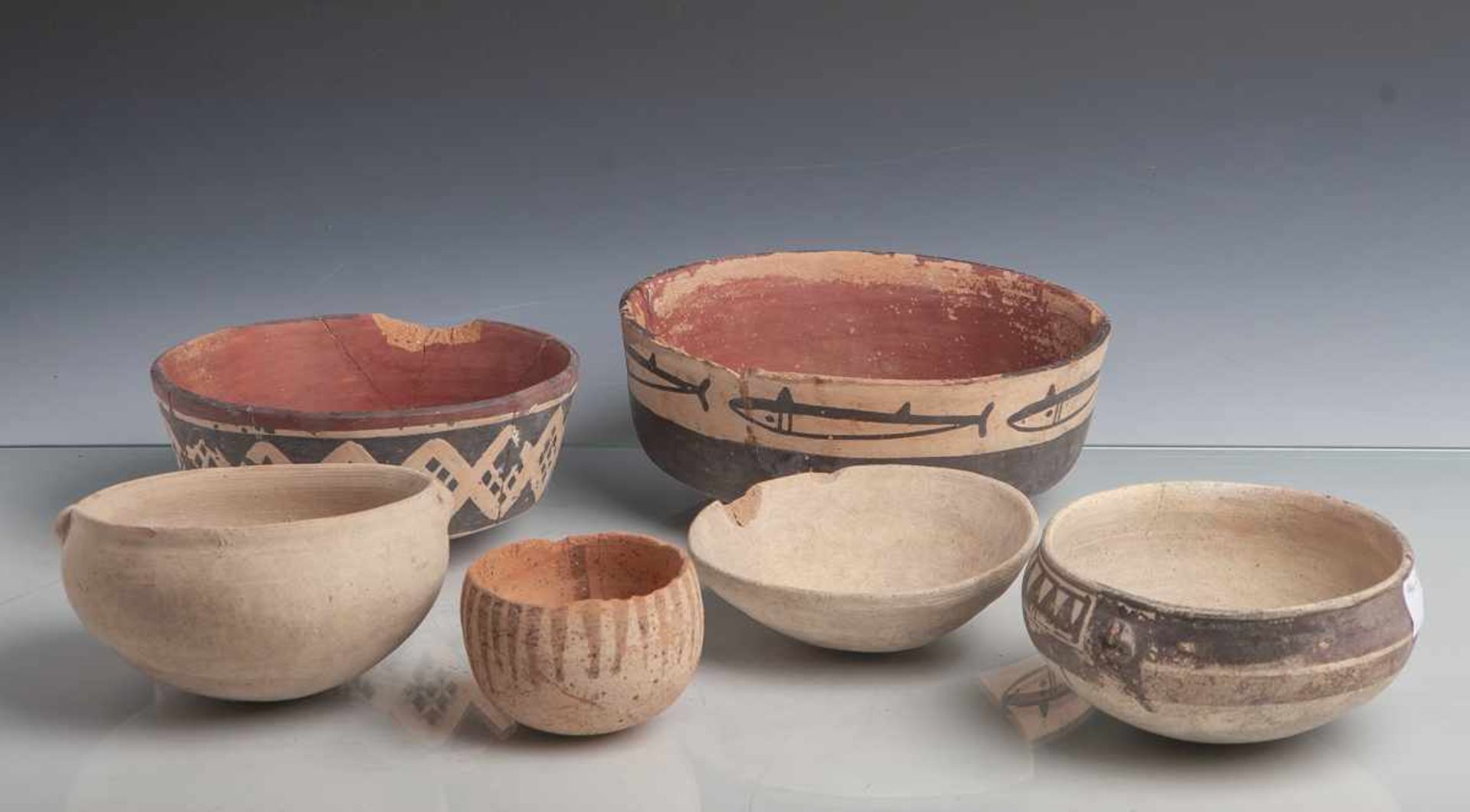 Konvolut v. 6 versch. runden Schalen (Mexiko, präkolumbianisch), Keramik, versch. Größen.teils