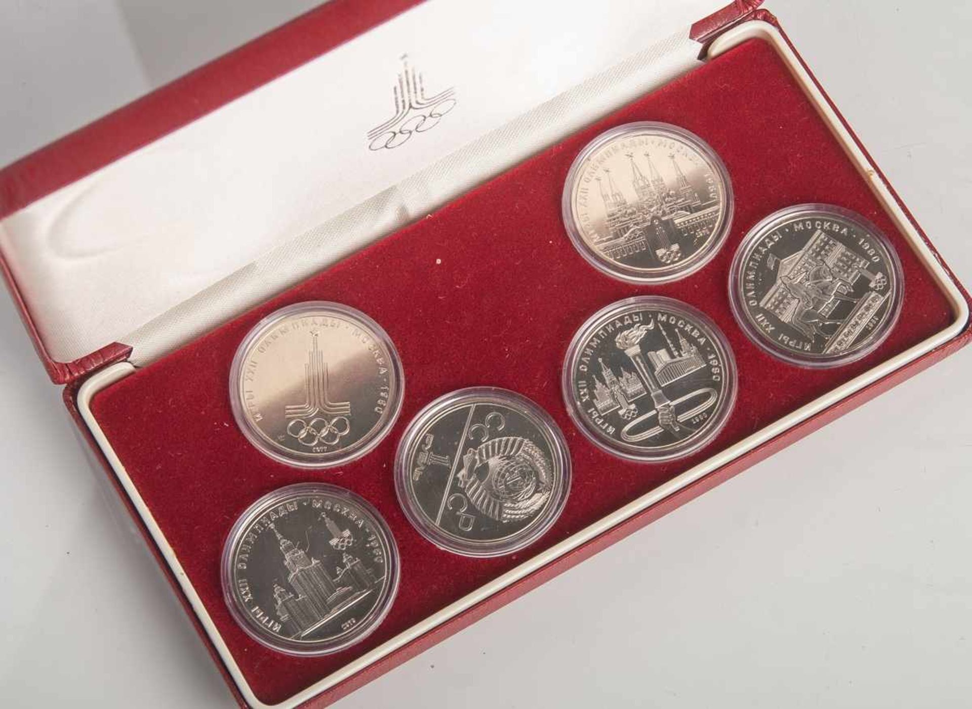6 UdSSR-Münzen, Olympiade Moskau, 1980. In original Etui.