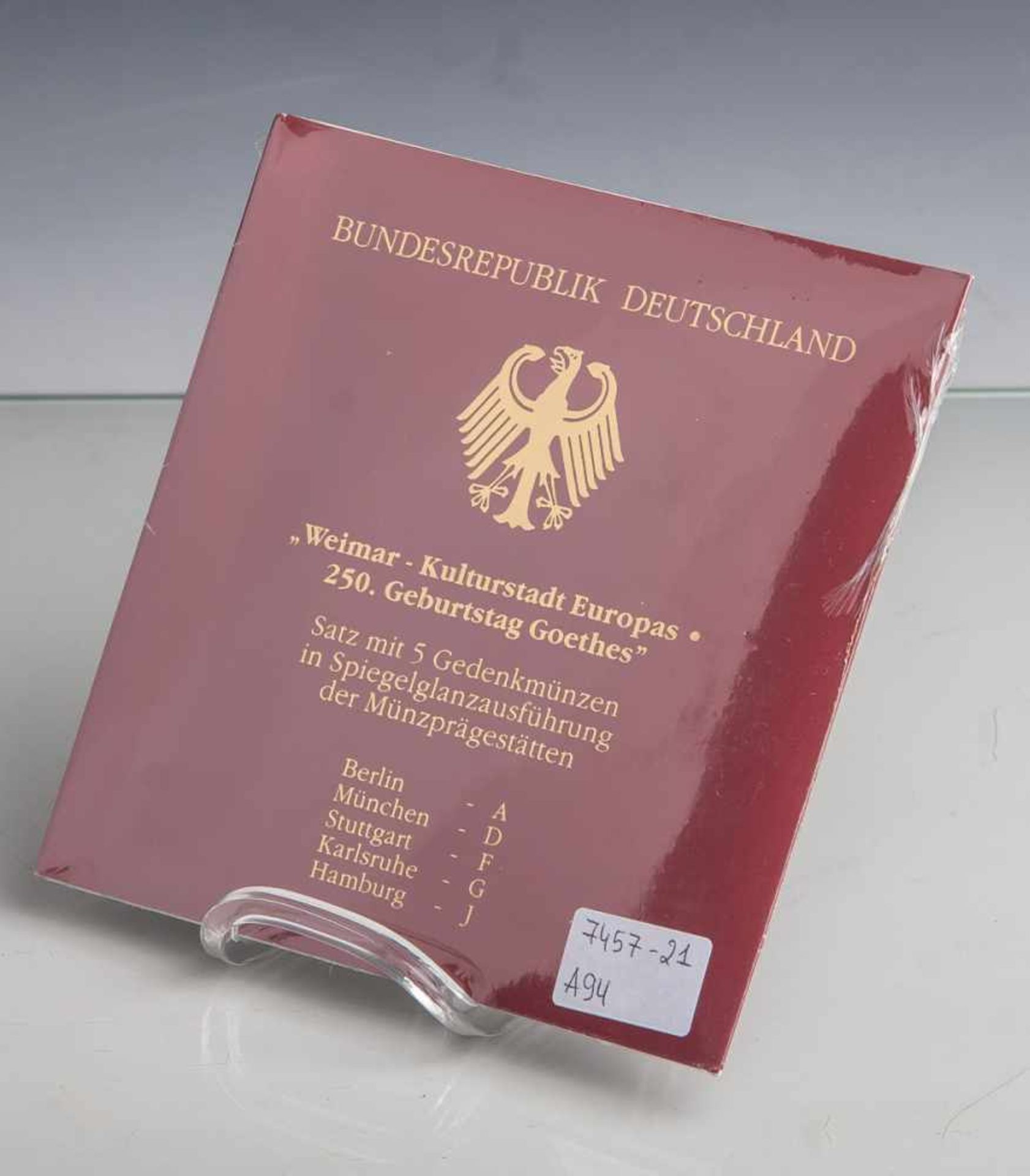 Münzsatz, Bundesrepublik Deutschland, 5 Stück, 10 Deutsche Mark, Weimar - KulturstadtEuropas, 250.