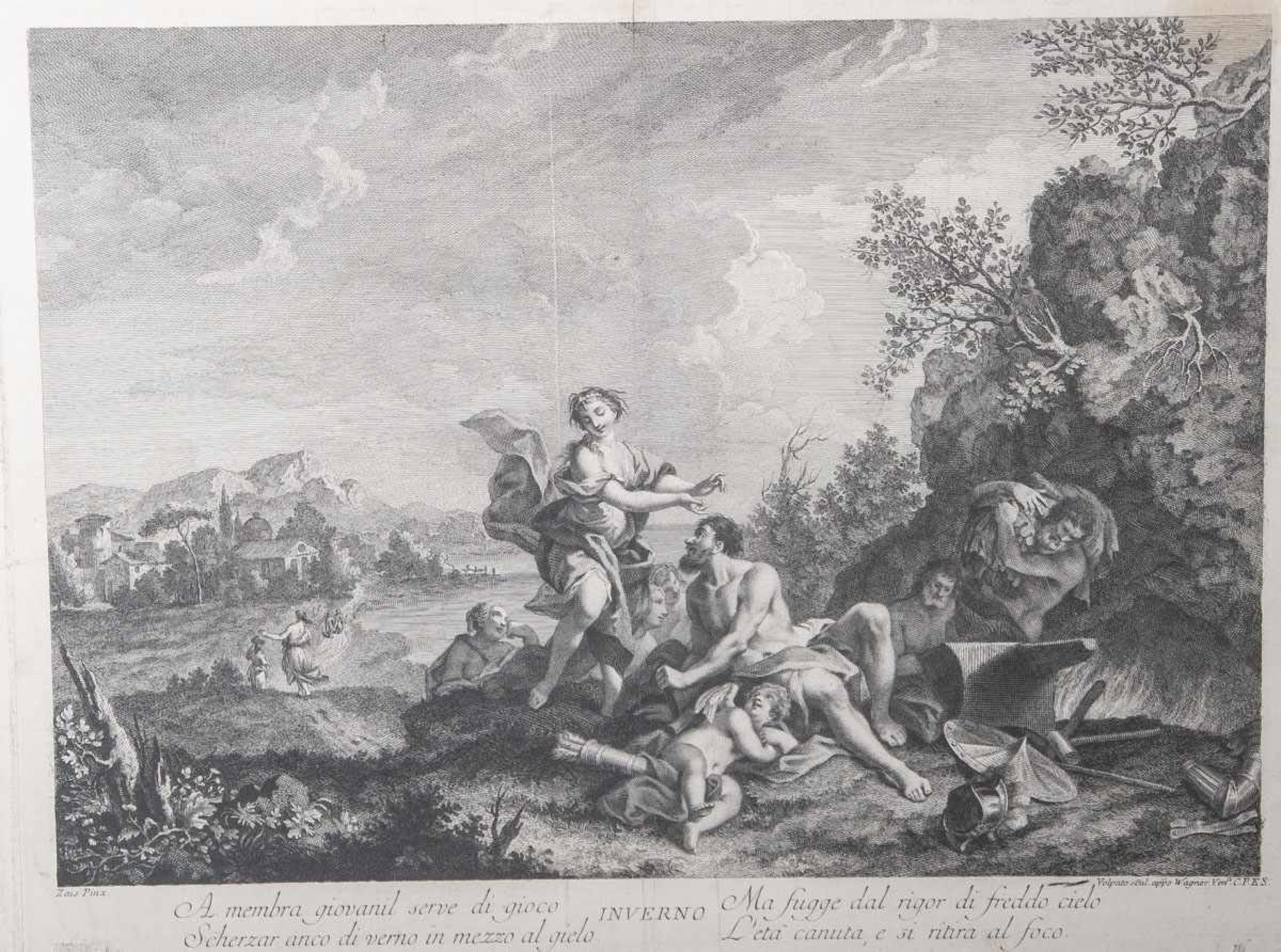 Unbekannter Künstler (18. Jahrhundert, wohl Italien), "Inverno", Kupferstich, bez.: gemaltnach Zais,