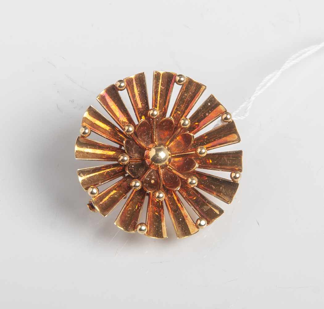 Brosche 585 GG/Rosegold 585 (wohl 1960/70er), stilisierte Sonne, ca. 6,7 g.