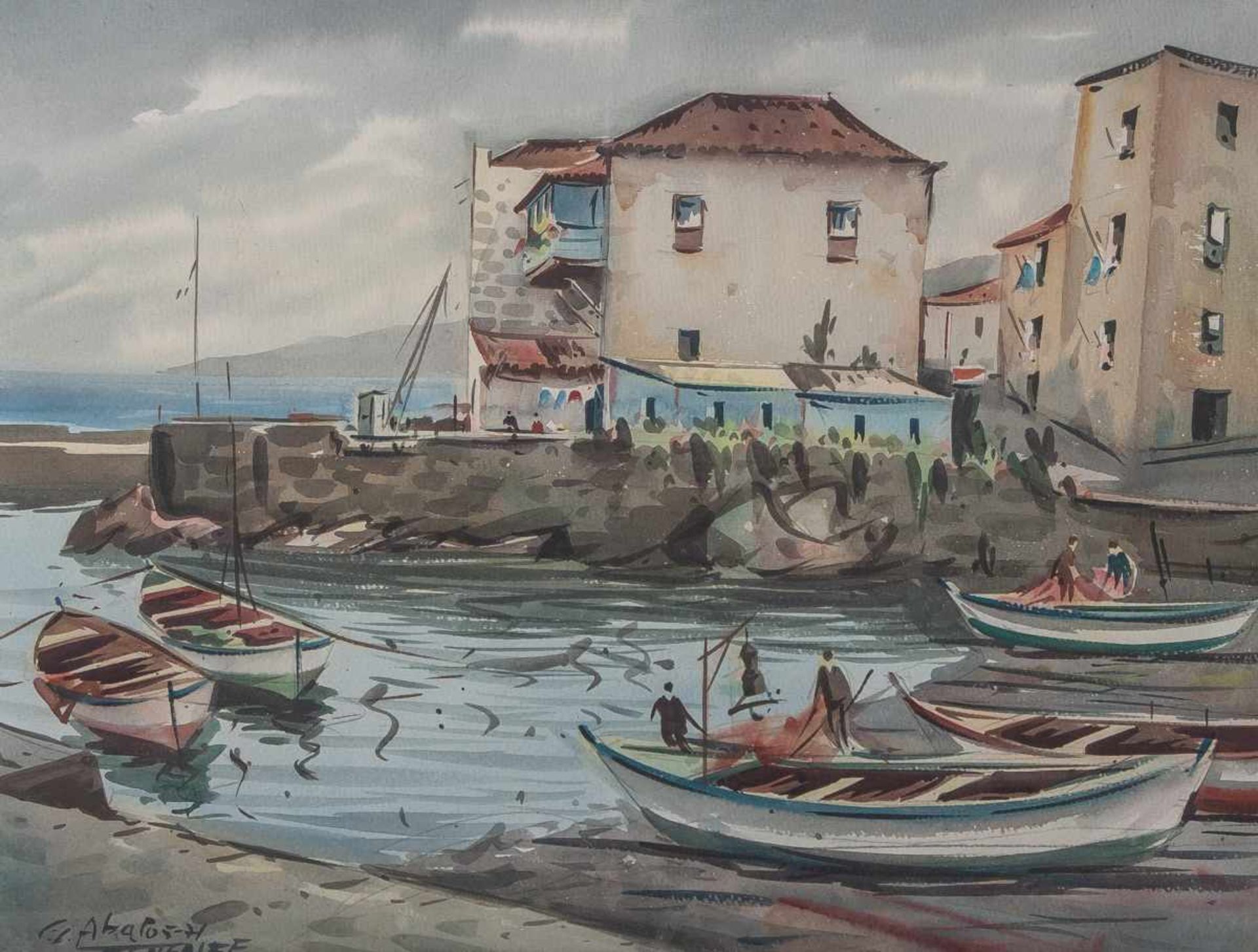 Unbekannter Maler (wohl 20. Jahrhundert), Ansicht in Teneriffa, Aquarell/Karton, li. u.undeutl.