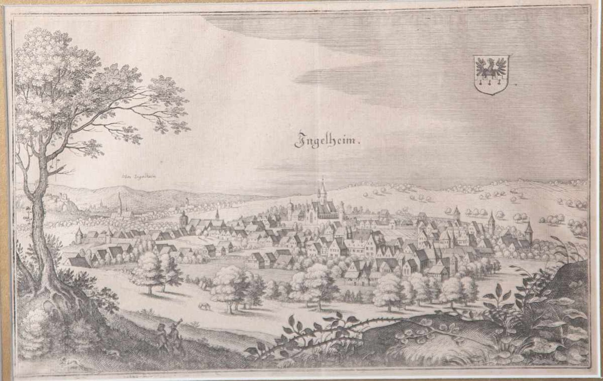 Nach Merian, Matthäus d. Ä. (1593-1650), Ansicht von Ingelheim, 19. Jahrhundert,Kupferstich. Ca.