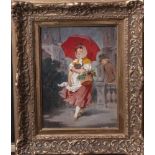 Patek, L. (19. Jahrhundert), junge Blumenverkäuferin im Regen m. rotem Regenschirm,Öl/Holz, li. u.
