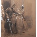 Reinicke, René (1860-1926), Offizier in voller Galauniform bittet eine Dame zum Tanz,Aquarell/