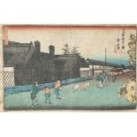 Unbekannter Künstler (Japan), Straßenszene, Farbholzschnitt, mehrfach bez., ca. 24 x 35,5cm. Alte