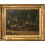 Unbekannter Künstler (wohl 1. Hälfte 19. Jahrhundert), Rast mit Pferden und Esel, Öl/Holz,re. u.