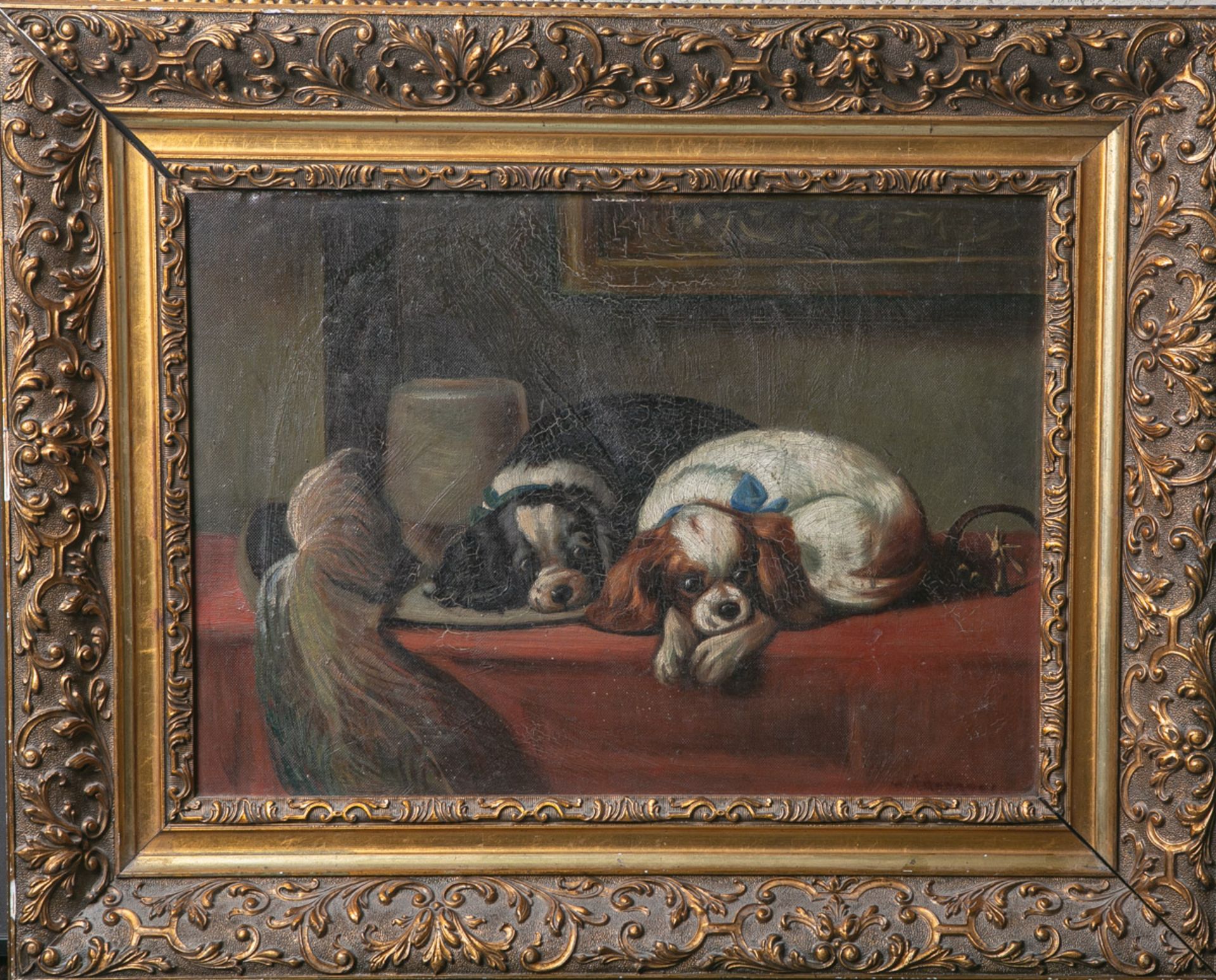 Unbekannter Künstler (wohl England, 19. Jahrhundert), 2 King-Charles-Spaniels,Öl/Pressholz, re. u.