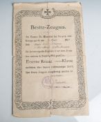 Nachlass eines Soldaten Ernst Tillmann (1. WK), Kaiserreich, Besitz-Zeugnis /Verleihungsurkunde "