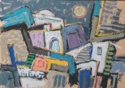 Wittler, Arrigo (1918-2004), Expressionistische Dorfansicht in Marokko, Tempera/Malkarton,li. u.
