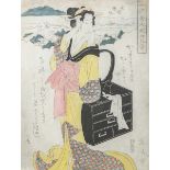 Eizan (Japan), schöne Frau am Fluss, Farbholzschnitt, ca. 36,5 x 25,3 cm. Blatt imaltersgem.
