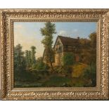 Unbekannter Künstler (wohl 1840, Biedermeier), Bauernlandschaft, Flusslauf m.Bauernhäusern, Öl/
