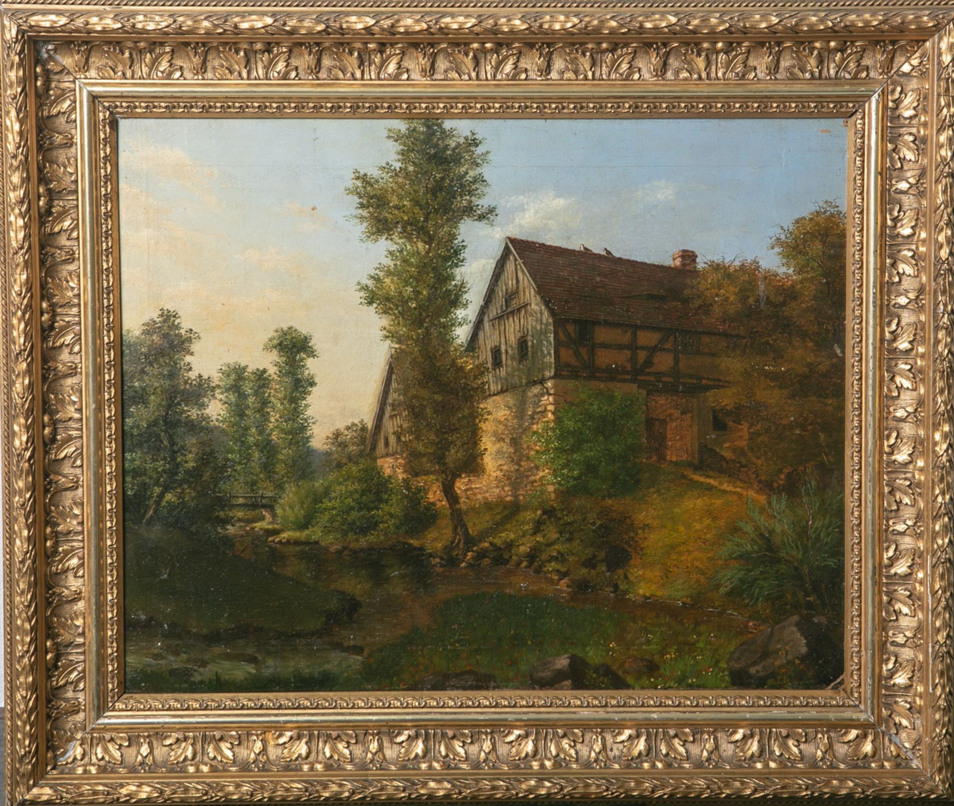 Unbekannter Künstler (wohl 1840, Biedermeier), Bauernlandschaft, Flusslauf m.Bauernhäusern, Öl/