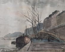 Lelfau, F. Basile (20. Jahrhundert), Pariser Seine-Ansicht, Aquarell/Kohle, re. u. sign.,ca. 37 x 46