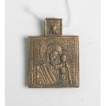 Antike russische Reiseikone, Abbildung Maria mit Jesusknaben (wohl 20. Jahrhundert),Bronze, ca. 5,