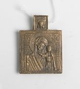 Antike russische Reiseikone, Abbildung Maria mit Jesusknaben (wohl 20. Jahrhundert),Bronze, ca. 5,