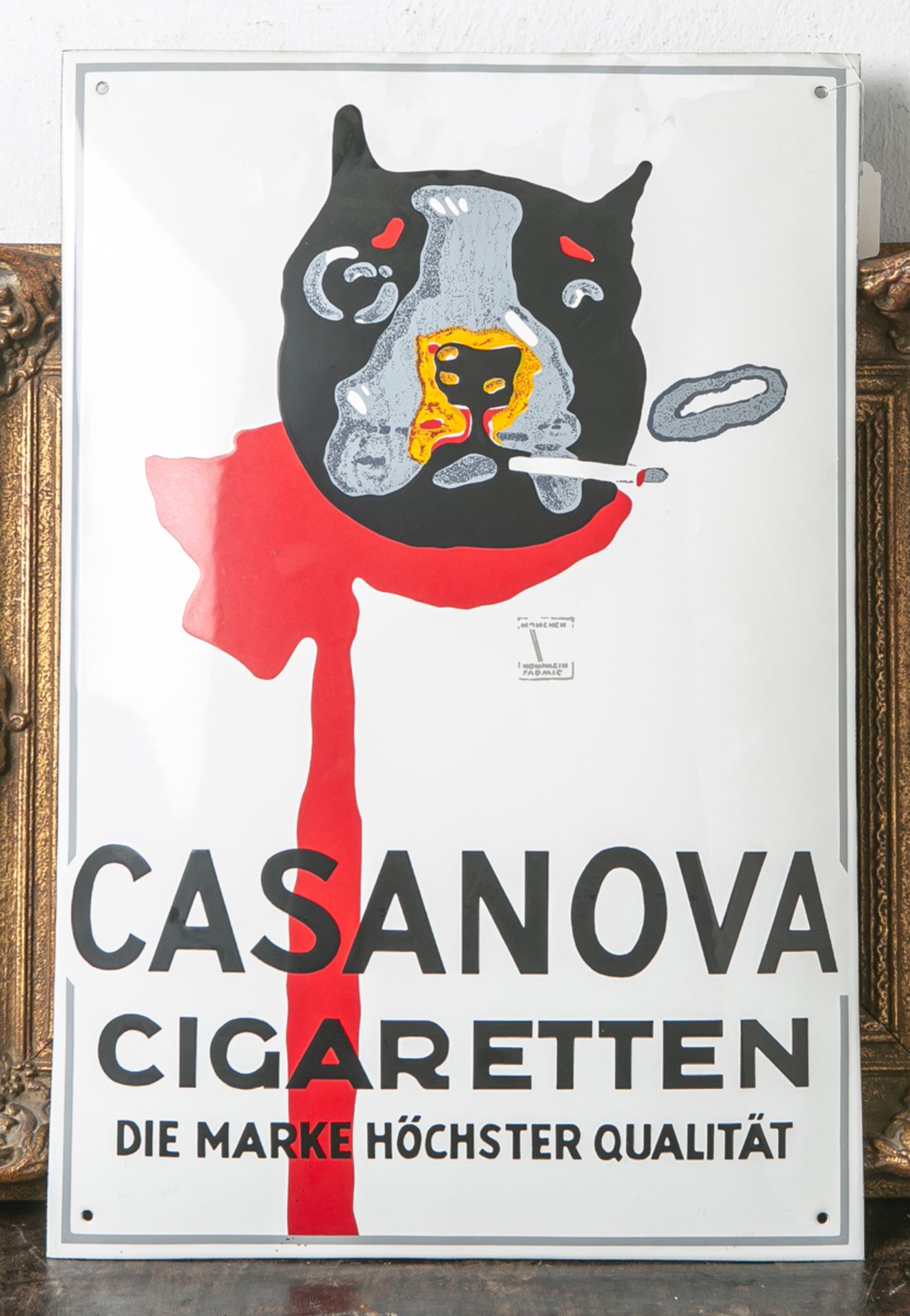 Emailschild "Casanova Cigaretten - Die Marke höchster Qualität" (wohl 20. Jahrhundert),Darstellung