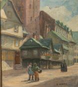 Labes, Emmy (1874 - ?), "Lohrstrasse am eisenren Turm in Mainz", Öl/Holzplatte, re. u.sign., rs.