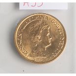10 Gulden "Königin Wilhelmina" (Niederlande, 1917), 900/1000 Gold, Rs.: Wappen m. Krone,Königin