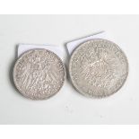2 Münzen (Deutsches Reich), Silber: 1x 5 Mark "Karl König von Württemberg", 1876 (Dm. ca.3,8 cm)