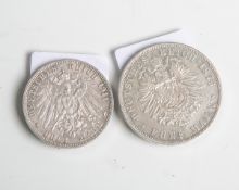 2 Münzen (Deutsches Reich), Silber: 1x 5 Mark "Karl König von Württemberg", 1876 (Dm. ca.3,8 cm)