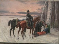 Sell, Christian (1831 - 1883), "Nach der Winterschlacht", 2 Badische Dragoner m. ihrenPferden