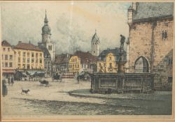 Eidenberger, Josef (1899-1991), "Dortmund, Marktplatz um 1900" (ca. 1930/40),Farbradierung, re. u.