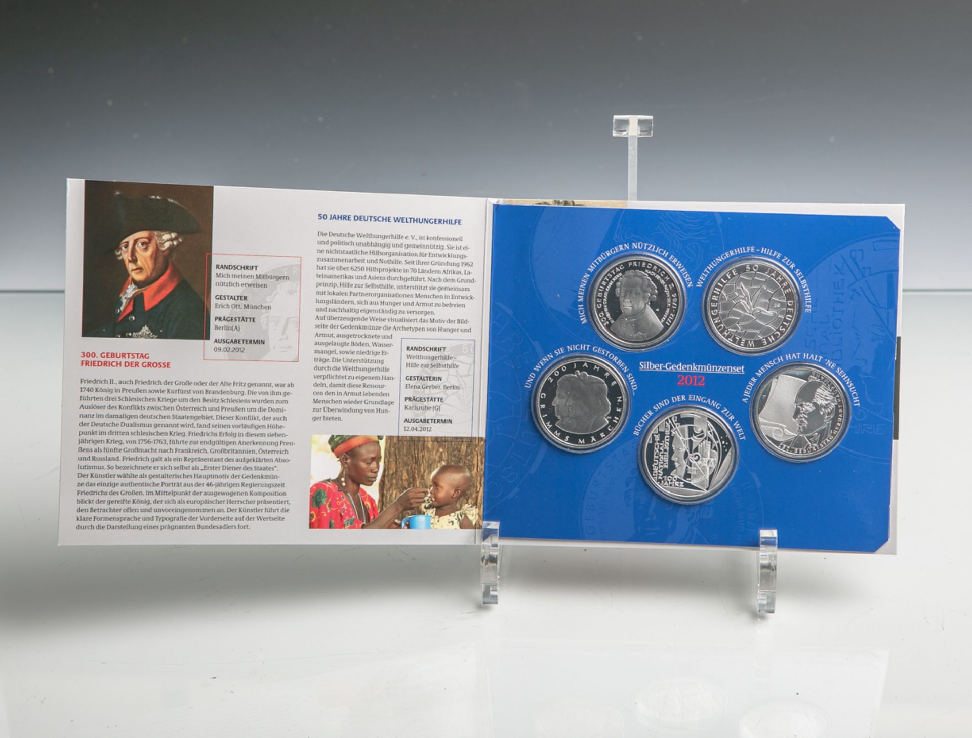 Sammlermünzenset 10 Euro (BRD, 2012), 625 Silber, 5 Stück, PP, Dm. ca. 32,5 mm, Gewichtca. 16