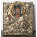 Christus, der Weltenrichter mit Weltkugel, russische Ikone (um 1800), mit barockerMetall-Riza,