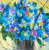 Jani (geb. 1946), "Blütenzauber", blaue Blüten, Acryl/Lw., re. u. sign., rs. bez., ca. 20x 20 cm.- -