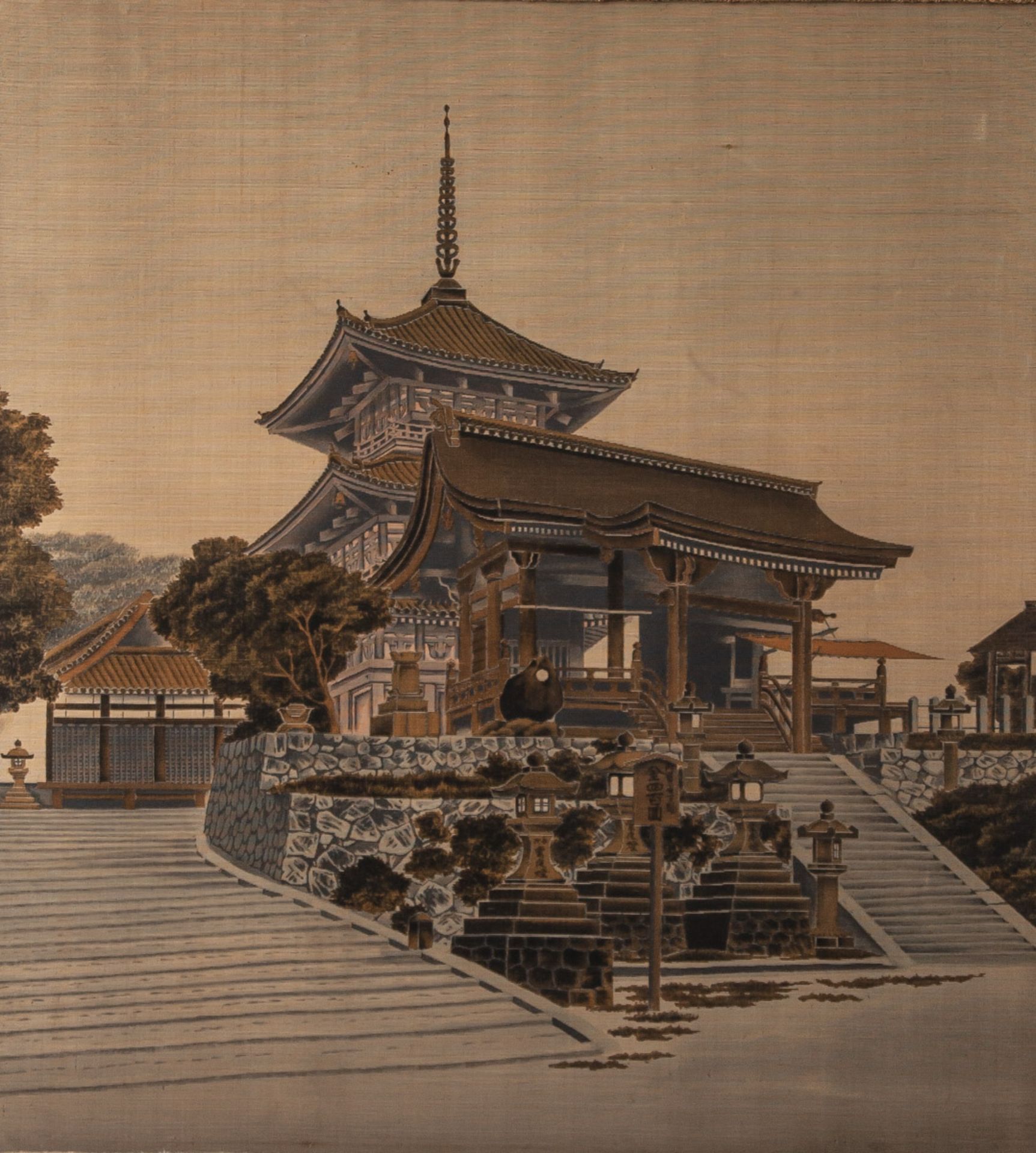 Seidenbild, gewebt, Darstellung einer Pagode (China, Anfang 20. Jahrhundert), aufKeilrahmen gezogen,