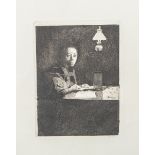 Kollwitz, Käthe (1867-1945), Selbstbildnis am Tisch (1893), Aquatinta-Radierung, rs. bez."Kl. 14",