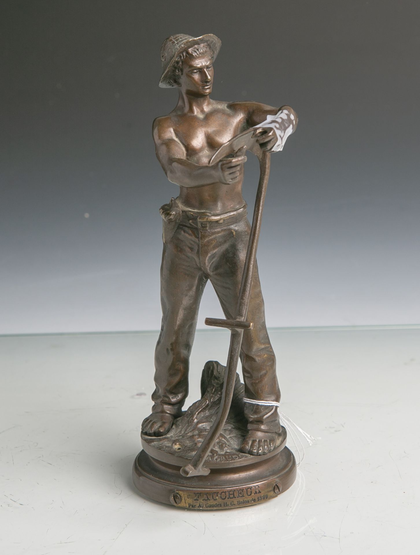 Gaudez, Adrien Étienne (1845 - 1902), "Faucheur", Bronze, dunkel patiniert,Messingplakette auf der