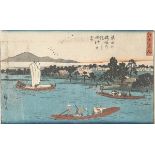 Unbekannter Künstler (Japan), reges Treiben auf dem Fluss, Farbholzschnitt, mehrfach bez.,ca. 22 x