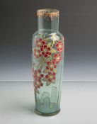 Jugendstilvase (um 1900), grünliches Glas m. Email-Bemalung, Blumendekor, H. ca. 28,5 cm.