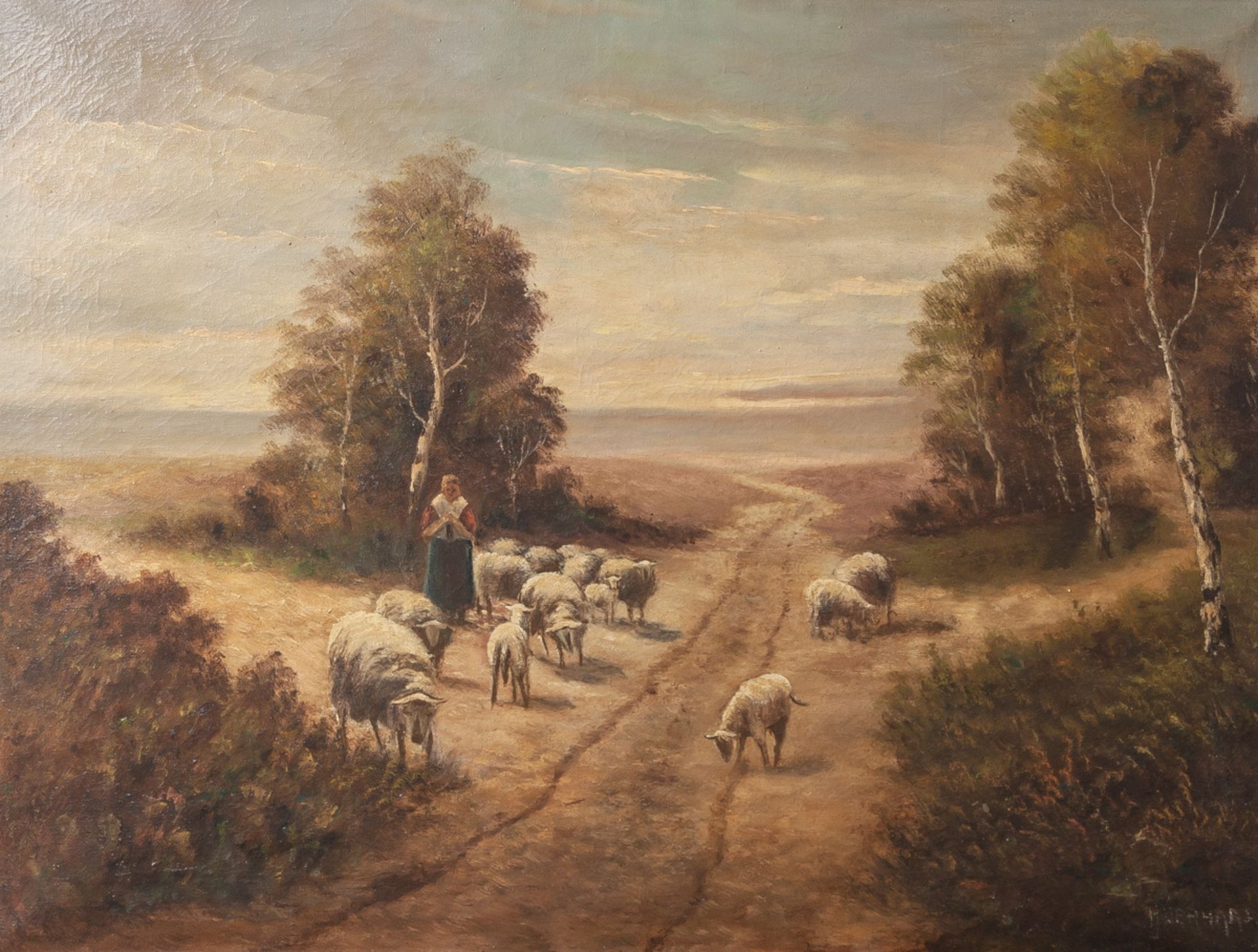 Verhaaf, Hendrik Jan (1881-1970), Landschaft mit einer Schafherde u. einer Bäuerin,Öl/Leinwand, u