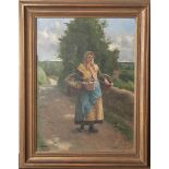 Aranda, Luis Jiménez (1845-1928), "Pontoise 1901", Öl/Lw, Bauersfrau m. Körben auf dem Wegzum Markt,