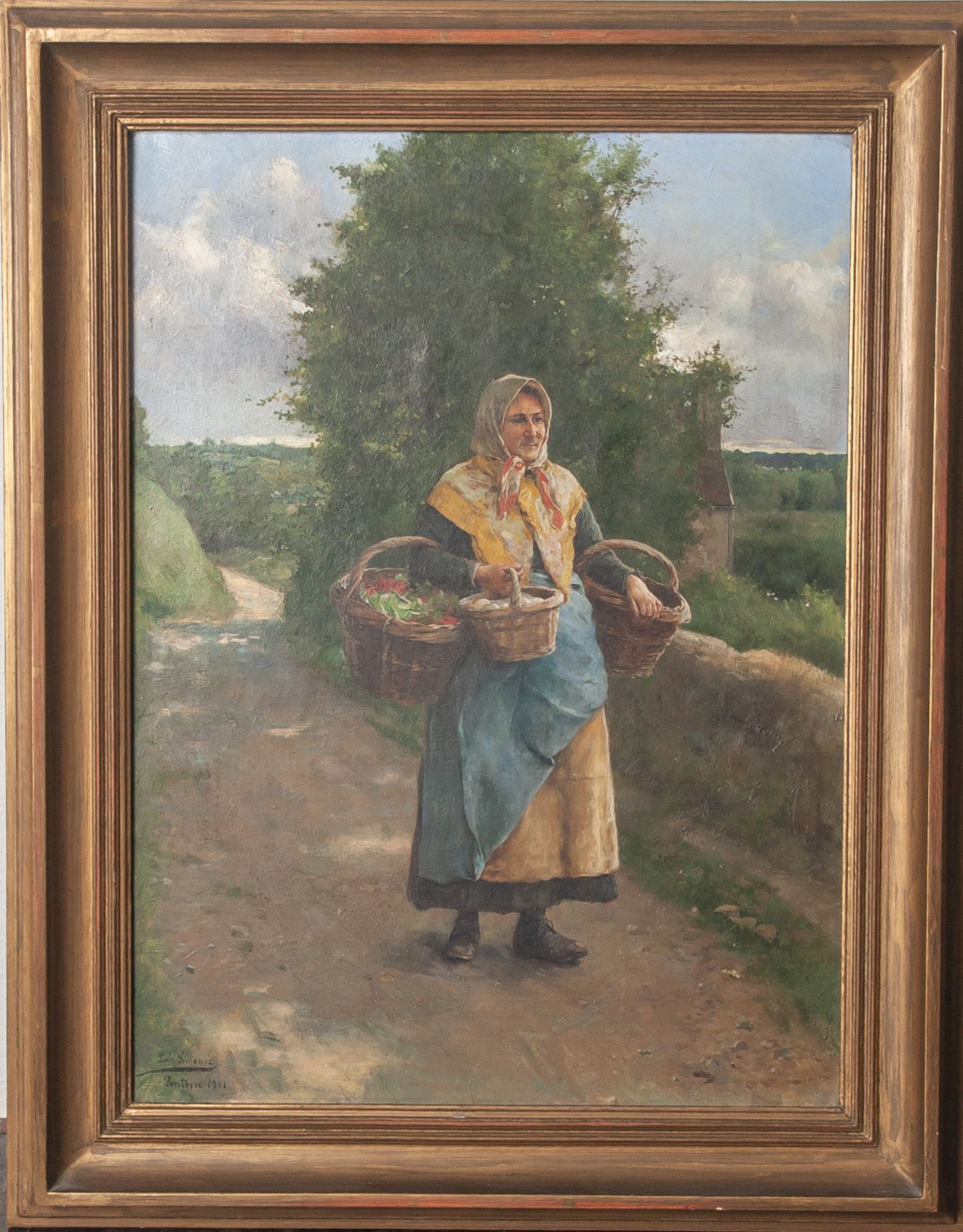 Aranda, Luis Jiménez (1845-1928), "Pontoise 1901", Öl/Lw, Bauersfrau m. Körben auf dem Wegzum Markt,