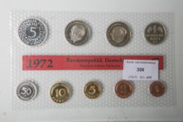 Umlaufmünzsatz (BRD, 1972), Kupfer/Nickel/Stahl, 10 Stück, 1 Pfennig bis 5 DM,Münzprägestätte: G (