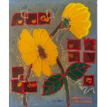 Tannous, Jean (geboren 1946), Zwei Gelbe Blumen, Epoxidharzbeschichtete Mixed-MediaKomposition auf