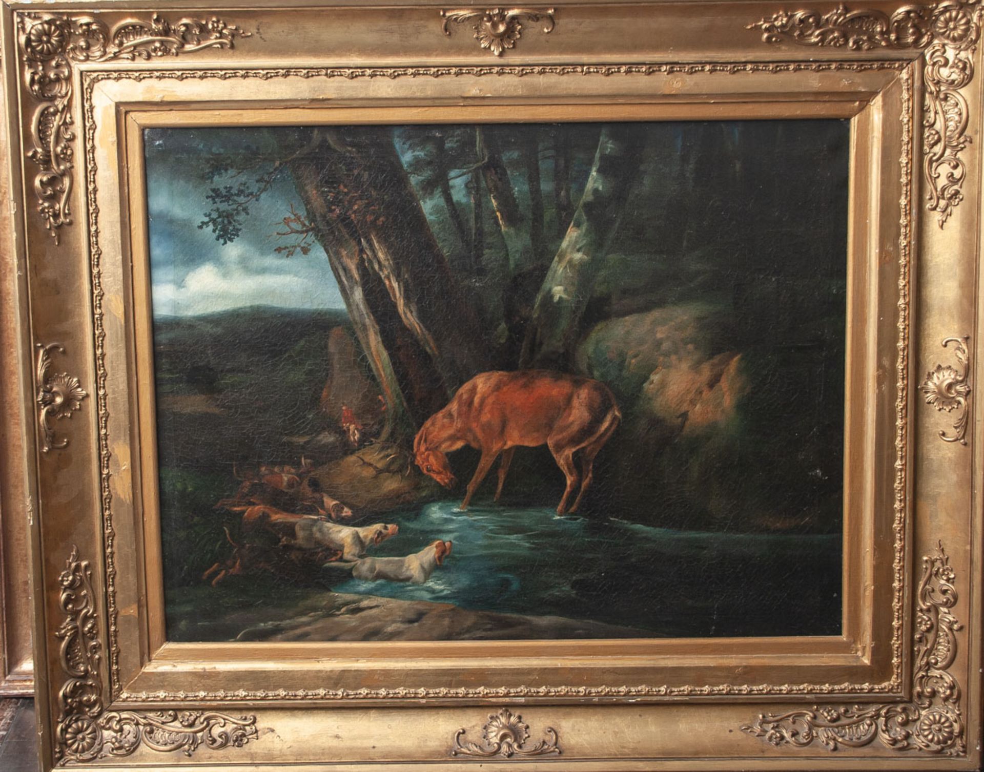 Unbekannter Maler (18. Jahrhundert), eine Meute Jagdhunde einen Hirsch stellend, Öl/Lw.,naturgetreue