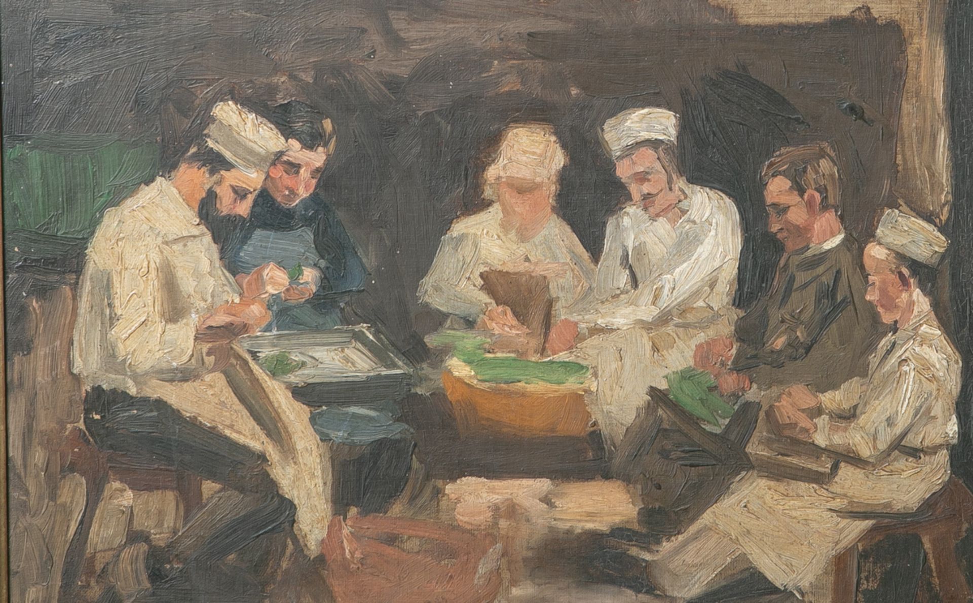 Unbekannter Maler (wohl um 1900), 6 Personen beim Kartoffelschälen, Öl/Malpappe, ca. 30 x44 cm,