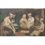 Unbekannter Maler (wohl um 1900), 6 Personen beim Kartoffelschälen, Öl/Malpappe, ca. 30 x44 cm,