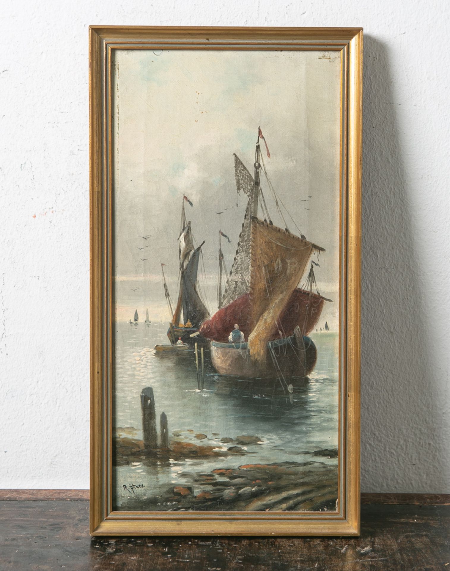 Stone, R. (wohl 20. Jahrhundert), Fischerboote vor Ostseeküste, Öl/Lw., li. u. sign., ca.42 x 21 cm,
