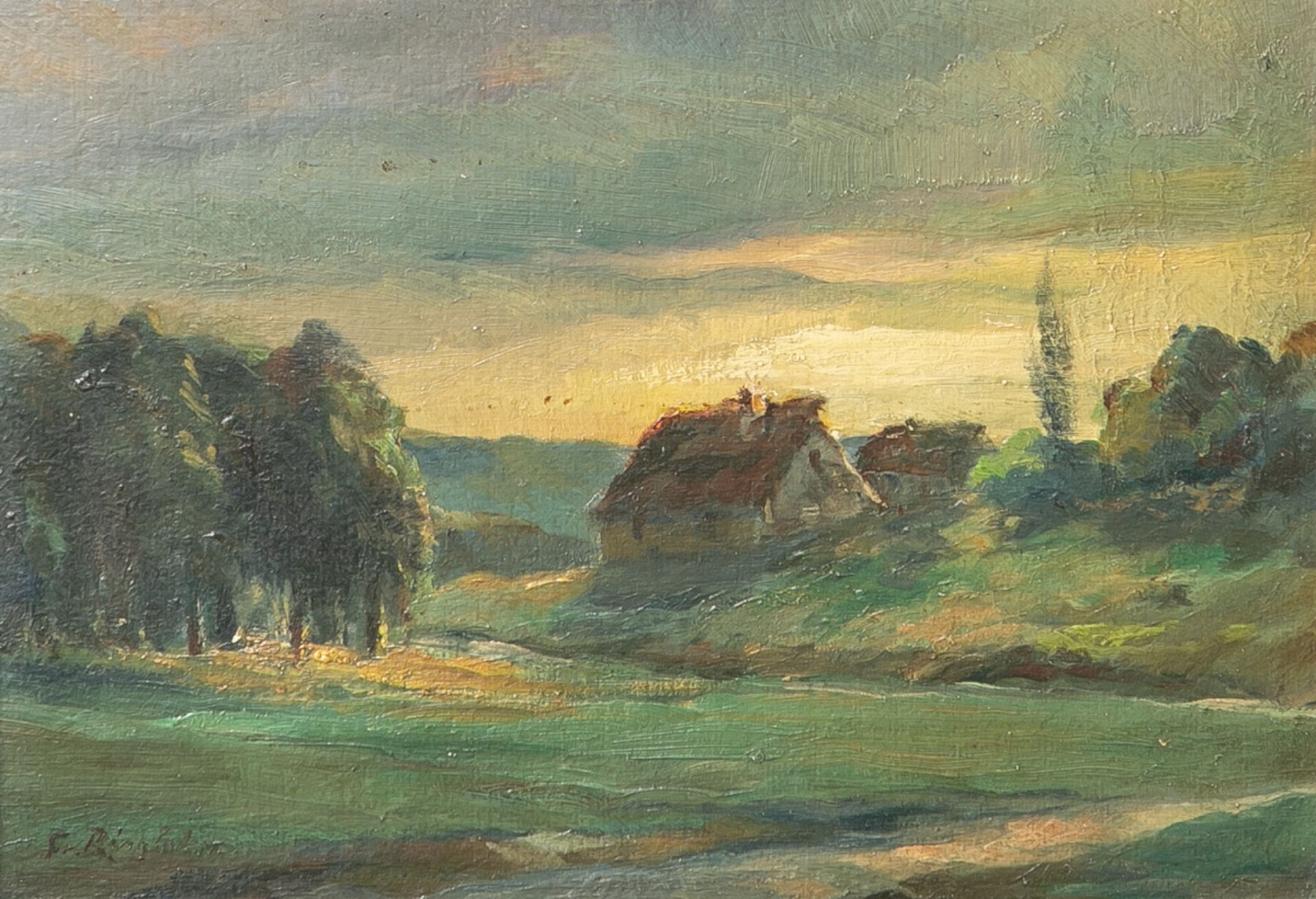 Unbekannter Künstler (19./20. Jahrhundert), bäuerliche Landschaft, Öl/Malpappe, li. u.undeutlich